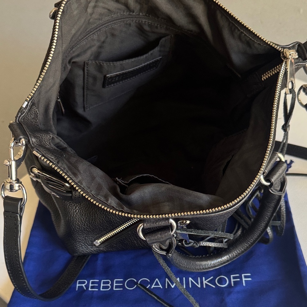 Rebecca Minkoff Black Large Pebbled Moto Leather Satchel Crossbody Silver Zipper - Picture 10 of 12